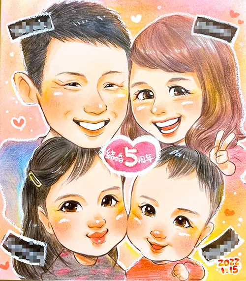 結婚5周年記念に描いた4人家族の似顔絵