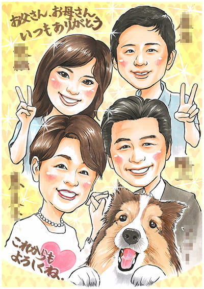 家族と犬を描いた似顔絵サンクスボード