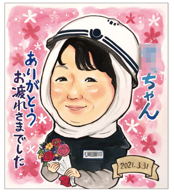 トミーが描いた作業着姿の退職祝い似顔絵