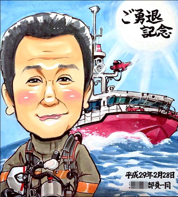 はるかが描いた船と救命士姿の退職祝い似顔絵