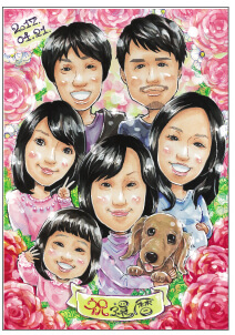 還暦祝いに似顔絵をプレゼント。お名前入りポエムも人気