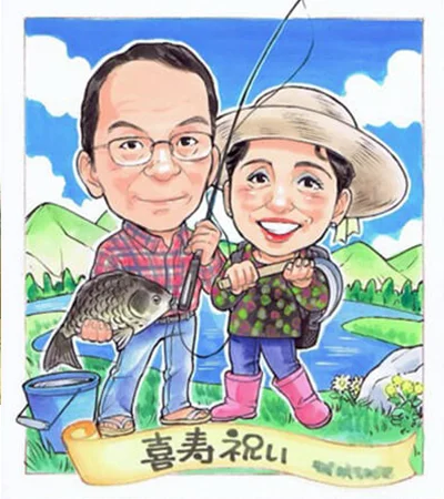 夫婦で釣りをしている姿を描いた喜寿祝い似顔絵 | nocchi作