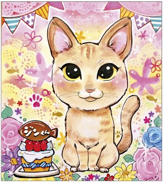 猫の誕生日祝いとしてバースデーケーキと一緒に猫を描いた似顔絵