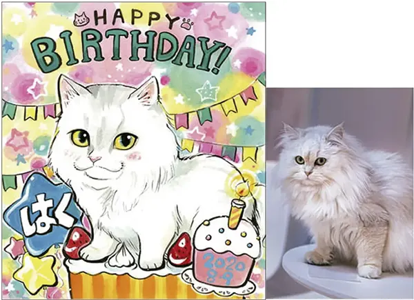 猫の誕生日をお祝いしてバースデーケーキも描いた似顔絵 