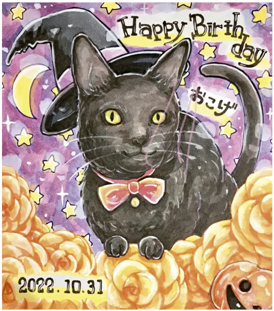 猫の誕生日祝いとしてハロウィンコスプレ風の猫を描いた似顔絵