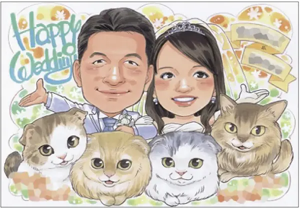 4匹の猫と新郎新婦を描いた似顔絵 | 作家「nocchi」