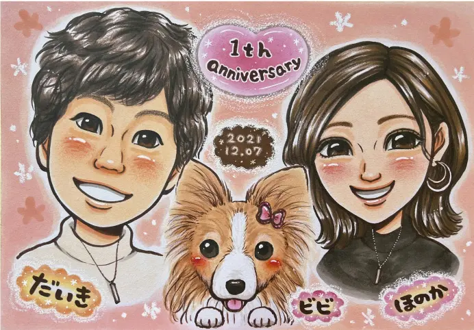 パピヨンとカップルを描いた似顔絵