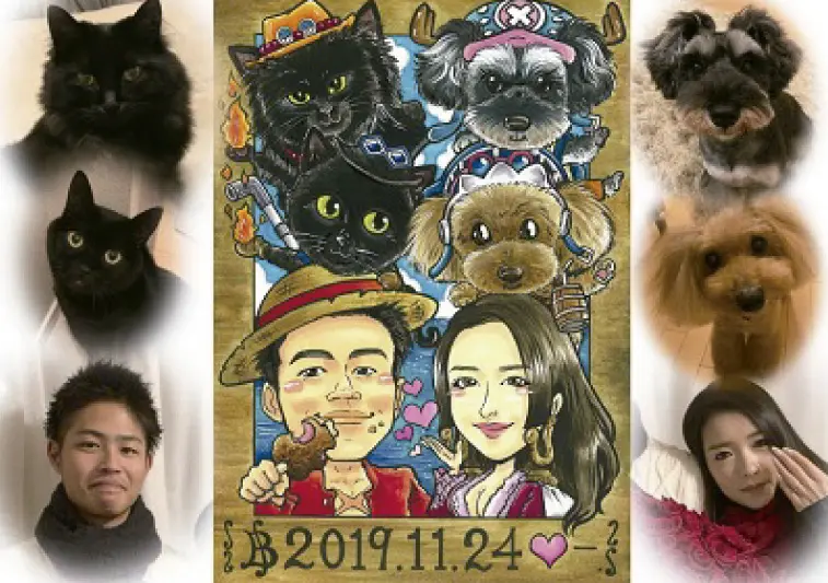 ワンピース手配書風で夫婦と犬と猫を描いた似顔絵
