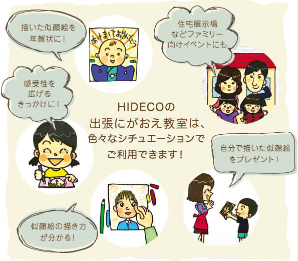 HIDECOの出張にがおえ教室は、いろいろなシチュエーションでご利用できます！年賀状、プレゼント、ファミリー向けイベント等に