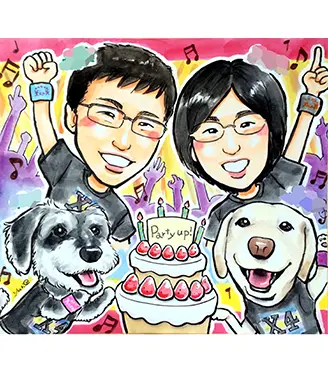 YURI作のカップルと犬を描いた誕生日似顔絵