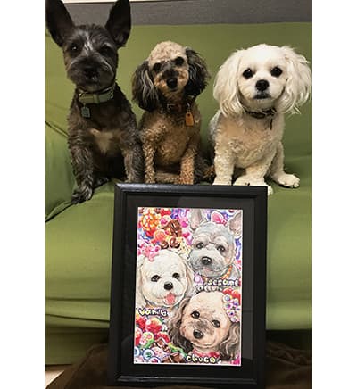 「かっつん」が描いた3匹の犬の似顔絵