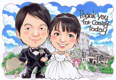 結婚式用似顔絵ウェルカムボードを心をこめて制作します オレンジスマイル