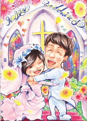 画家「かっつん」の主祭壇の前にいる新郎新婦を描いた似顔絵ウェルカムボード1