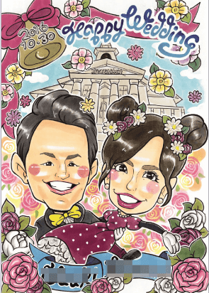 画家「はちみつぱーこ」のお花に囲まれたチャペルを描いた似顔絵ウェルカムボード1