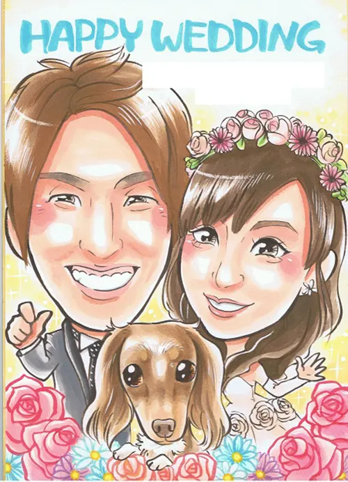 バラの花に囲まれて新郎新婦と犬を描いた似顔絵ウェルカムボード | あいな作