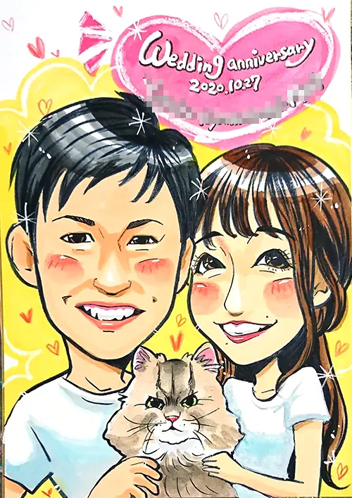 夫婦と猫を描いた似顔絵ウェルカムボード | ほしき作