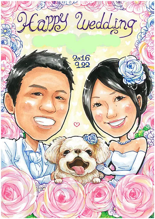 ピンクのバラに囲まれた背景の新郎新婦のと犬を描いた似顔絵ウェルカムボード | かっつん作