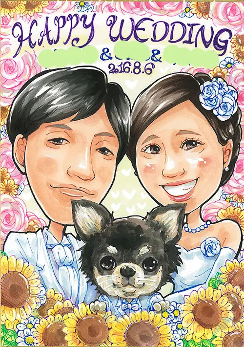 ピンクのバラとひまわりに囲まれた背景で新郎新婦のと犬を描いた似顔絵ウェルカムボード | かっつん作