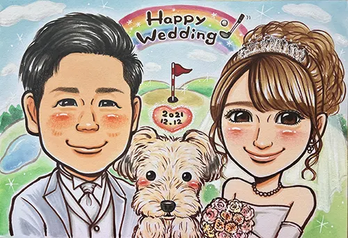 ゴルフ場を背景に夫婦と犬を描いた似顔絵ウェルカムボード | むぅ作