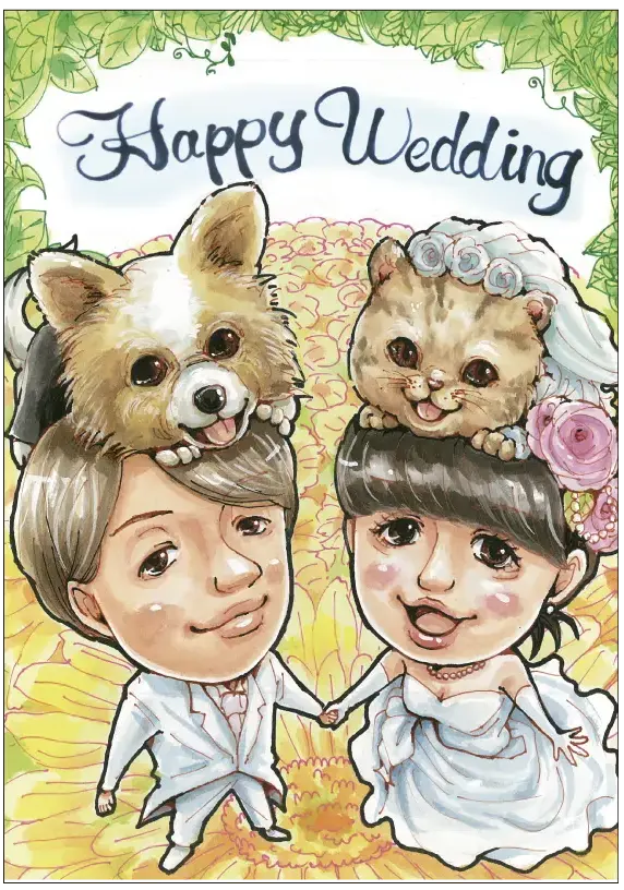 頭の上にドレス姿の猫と犬を新郎新婦の頭に乗せた構図を描いた似顔絵ウェルカムボード | 作家「かっつん」