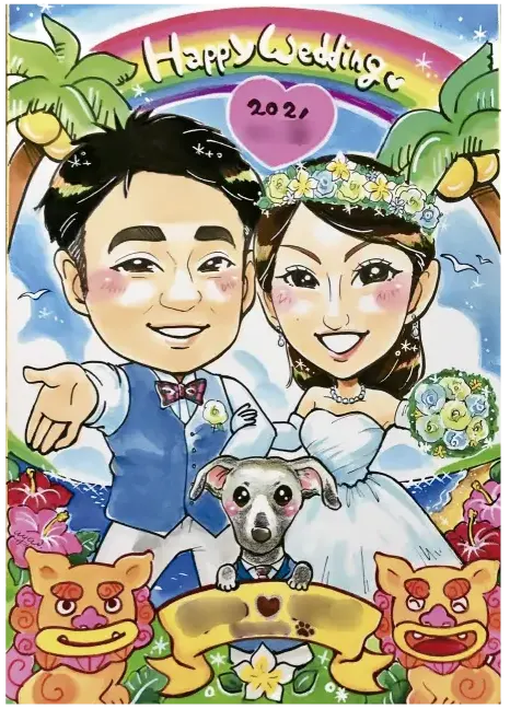 シーサーを取り入れた沖縄風背景に犬と新郎新婦を描いた似顔絵ウェルカムボード | 作家「あや子」