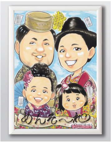 画家「ぴのきち」の沖縄伝統衣装「琉装」を取り入れた似顔絵ウェルカムボード